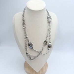 Chico’s Long Elegant Silver Chain Necklace with Large Clear Beads